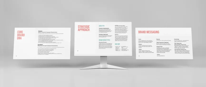 SheHeThey brand strategy document showing core brand DNA, strategic approach, and brand messaging