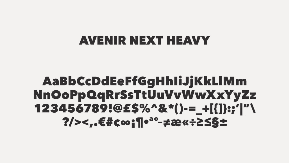 Stone Cold AF typeface specimen, Avenir Next Heavy