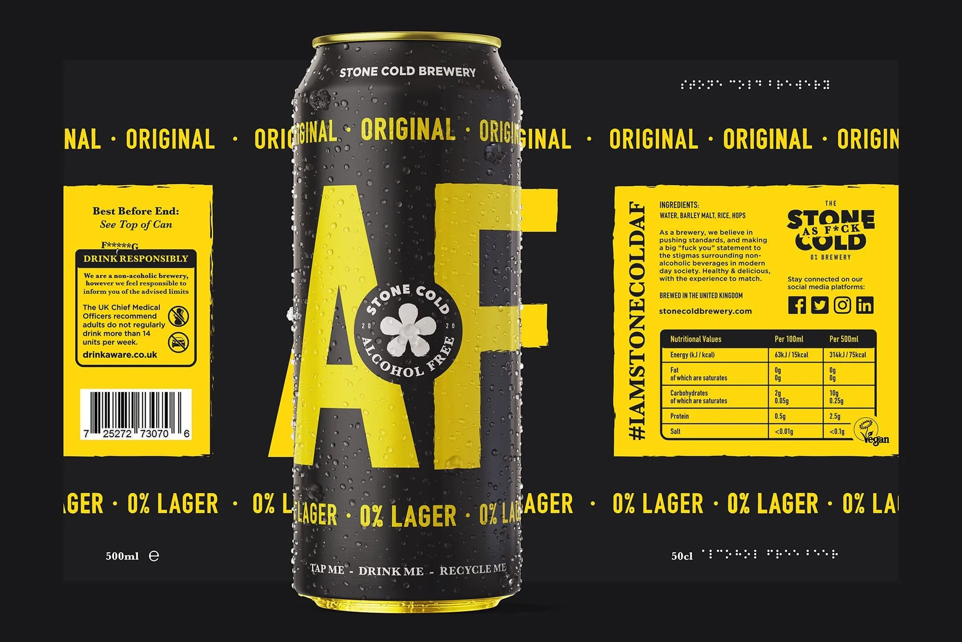 Stone Cold AF Original can label artwork, unrolled flat, front and back panels with nutritional information