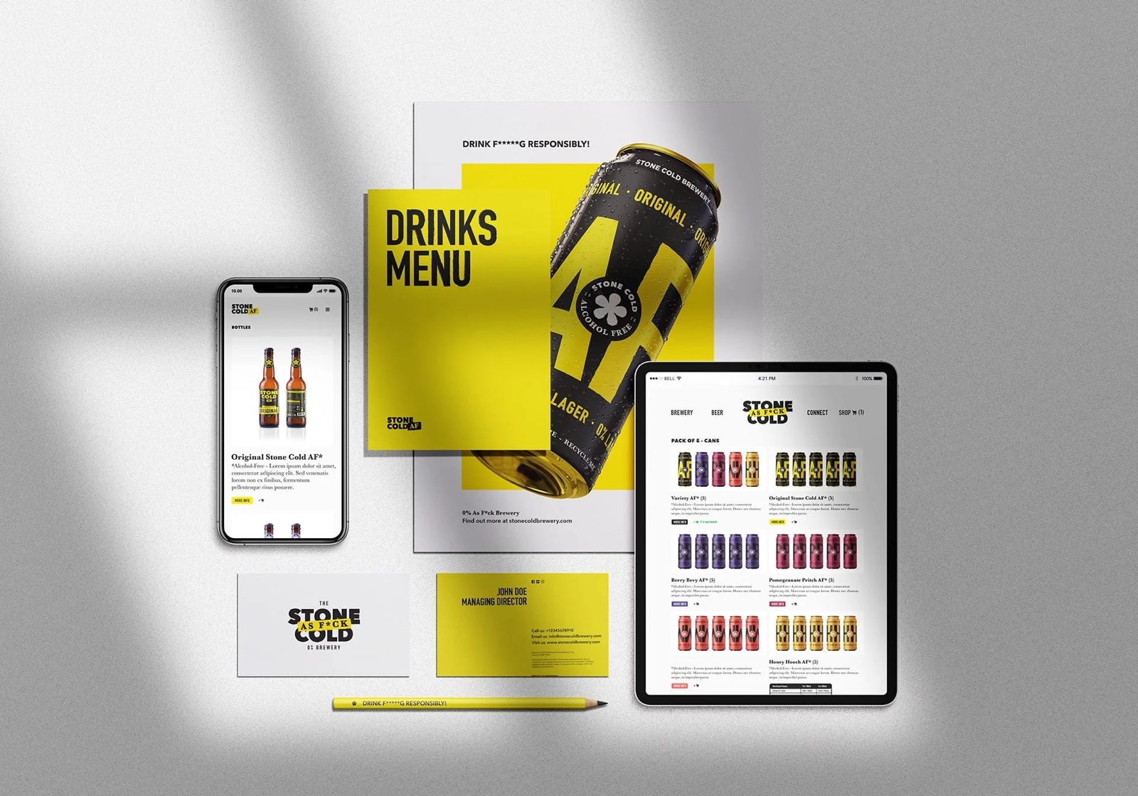 Stone Cold AF stationery and digital collateral, drinks menu, business cards, app, and site